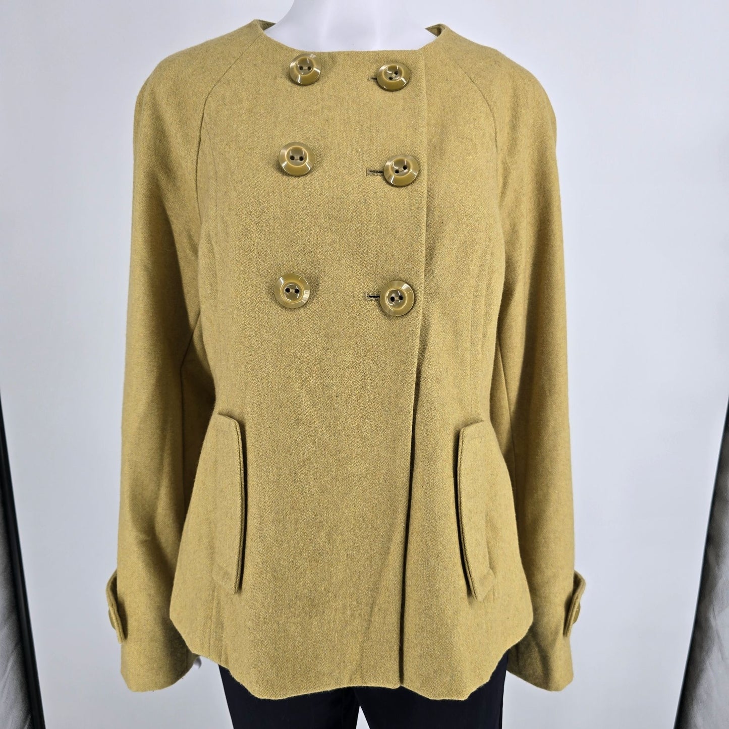 2010s Mossimo Women's Wool-Blend Mustard Green Double-Breasted Short Coat (M)