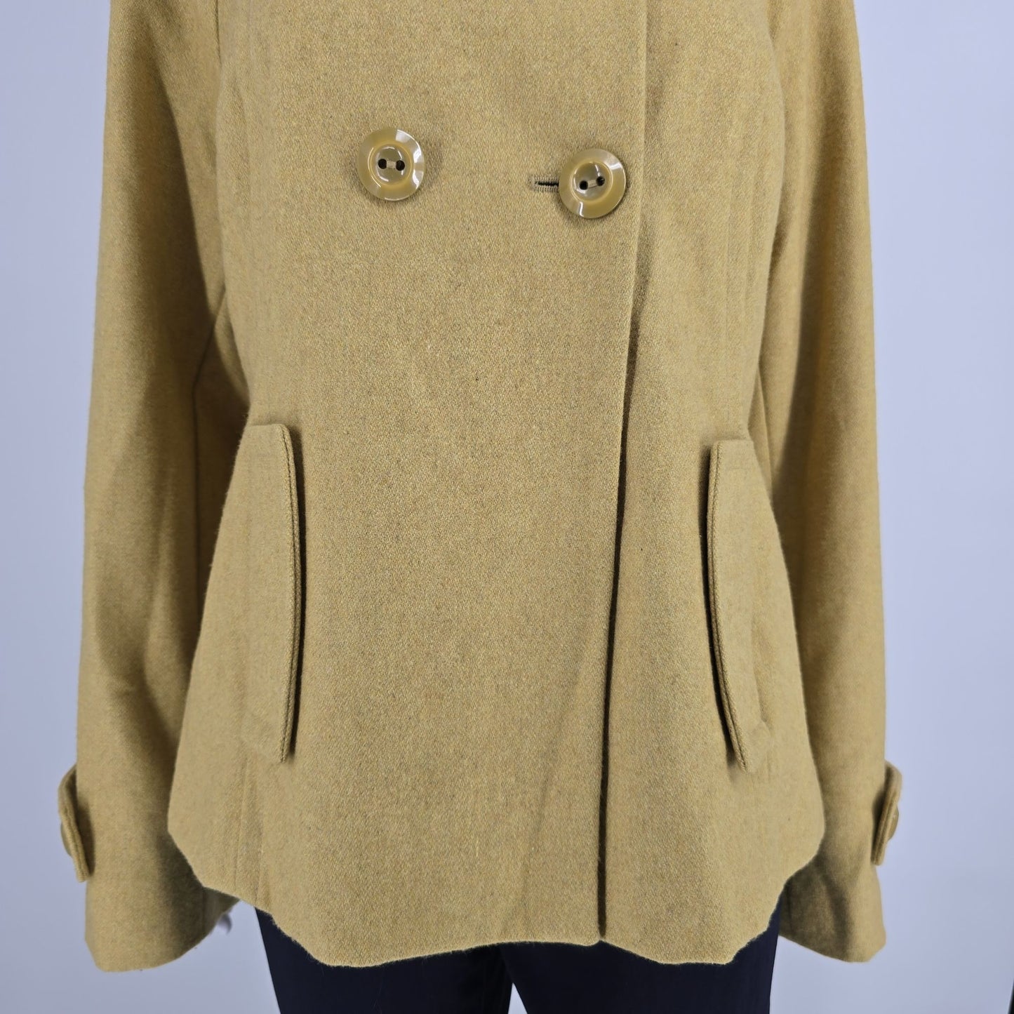 2010s Mossimo Women's Wool-Blend Mustard Green Double-Breasted Short Coat (M)