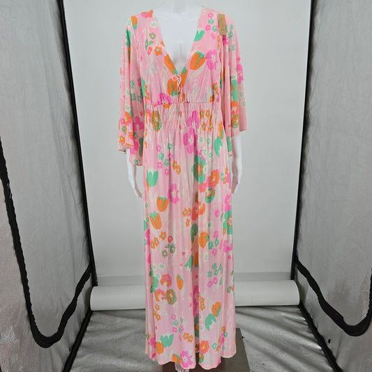 Vintage 1970s Pink Floral Angel Sleeve Empire Waist Maxi Dress Hostess Gown (L)