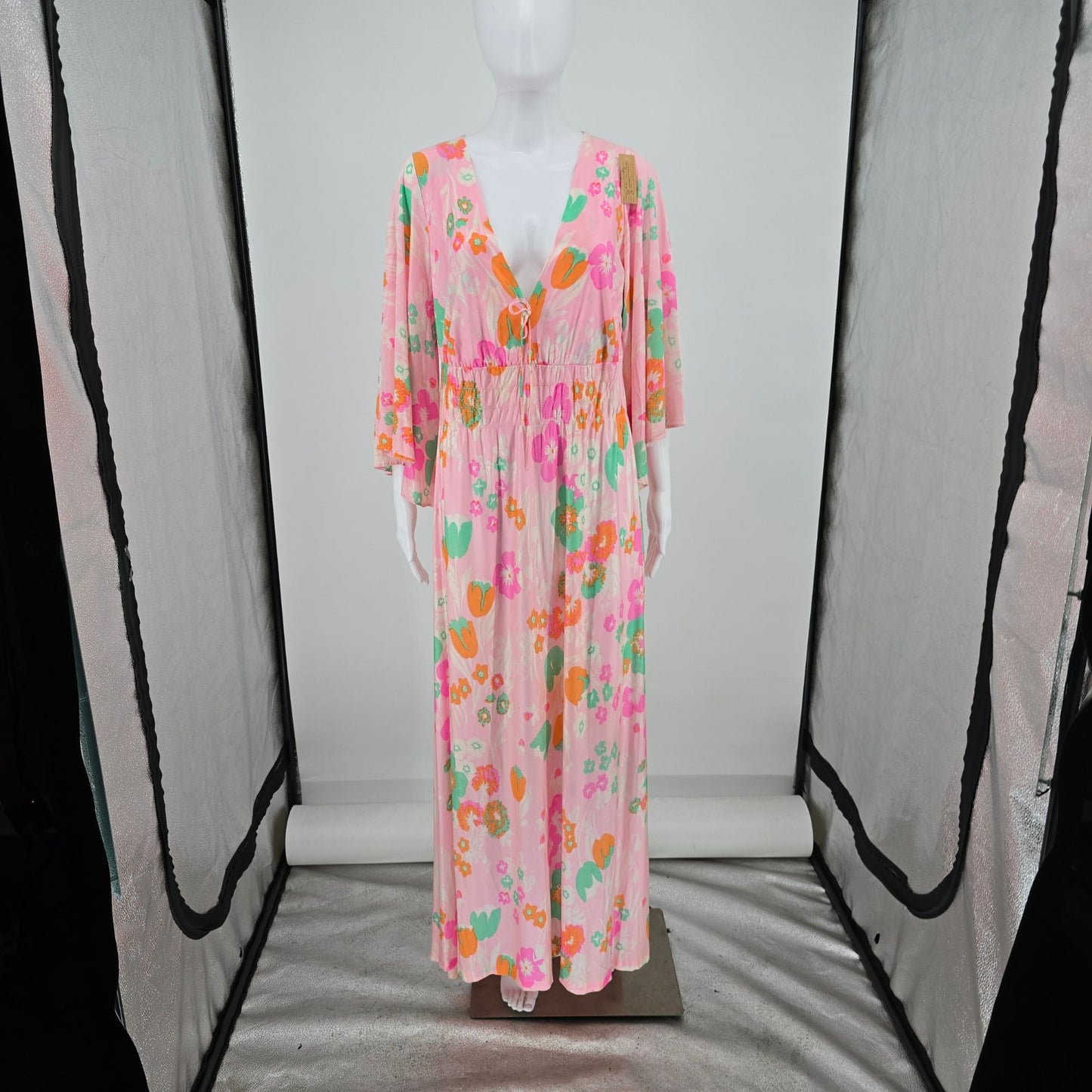 Vintage 1970s Pink Floral Angel Sleeve Empire Waist Maxi Dress Hostess Gown (L)
