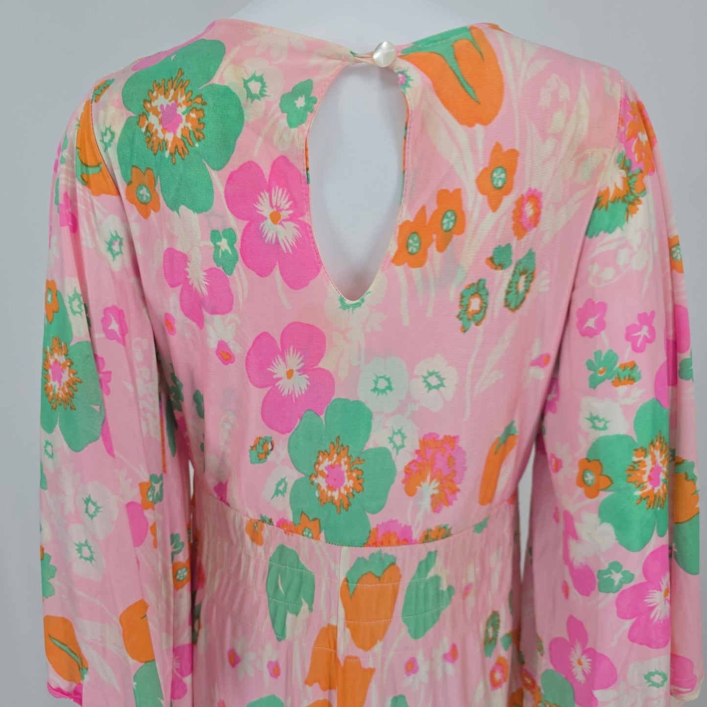 Vintage 1970s Pink Floral Angel Sleeve Empire Waist Maxi Dress Hostess Gown (L)