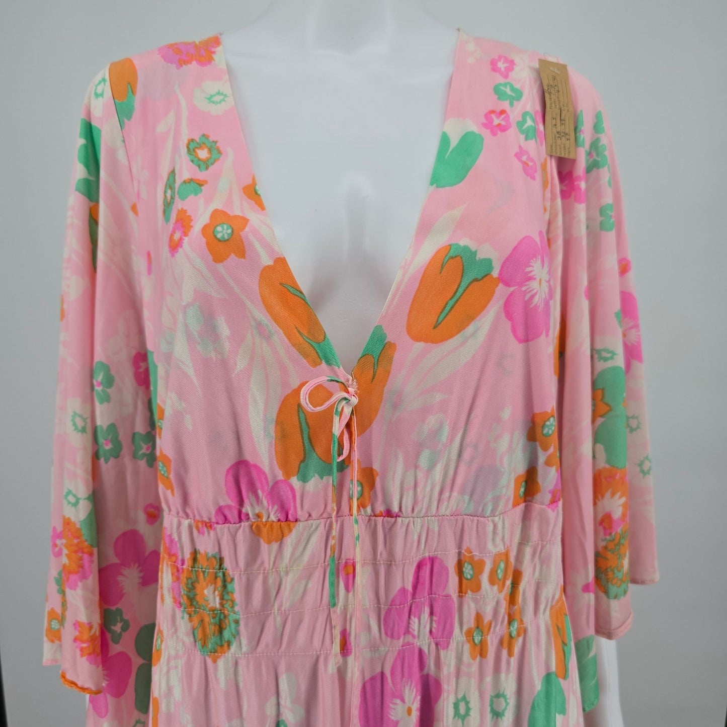Vintage 1970s Pink Floral Angel Sleeve Empire Waist Maxi Dress Hostess Gown (L)