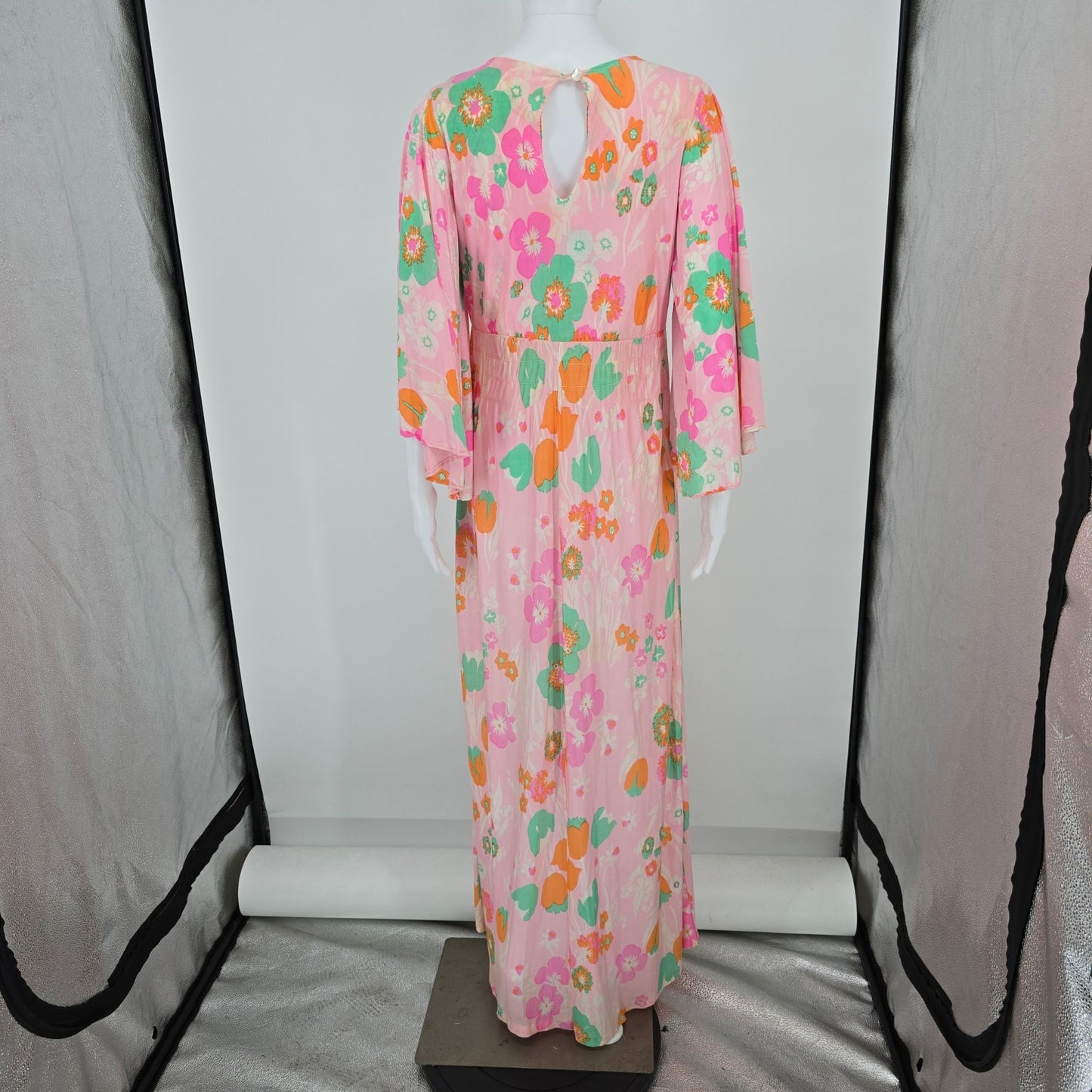 Vintage 1970s Pink Floral Angel Sleeve Empire Waist Maxi Dress Hostess Gown (L)