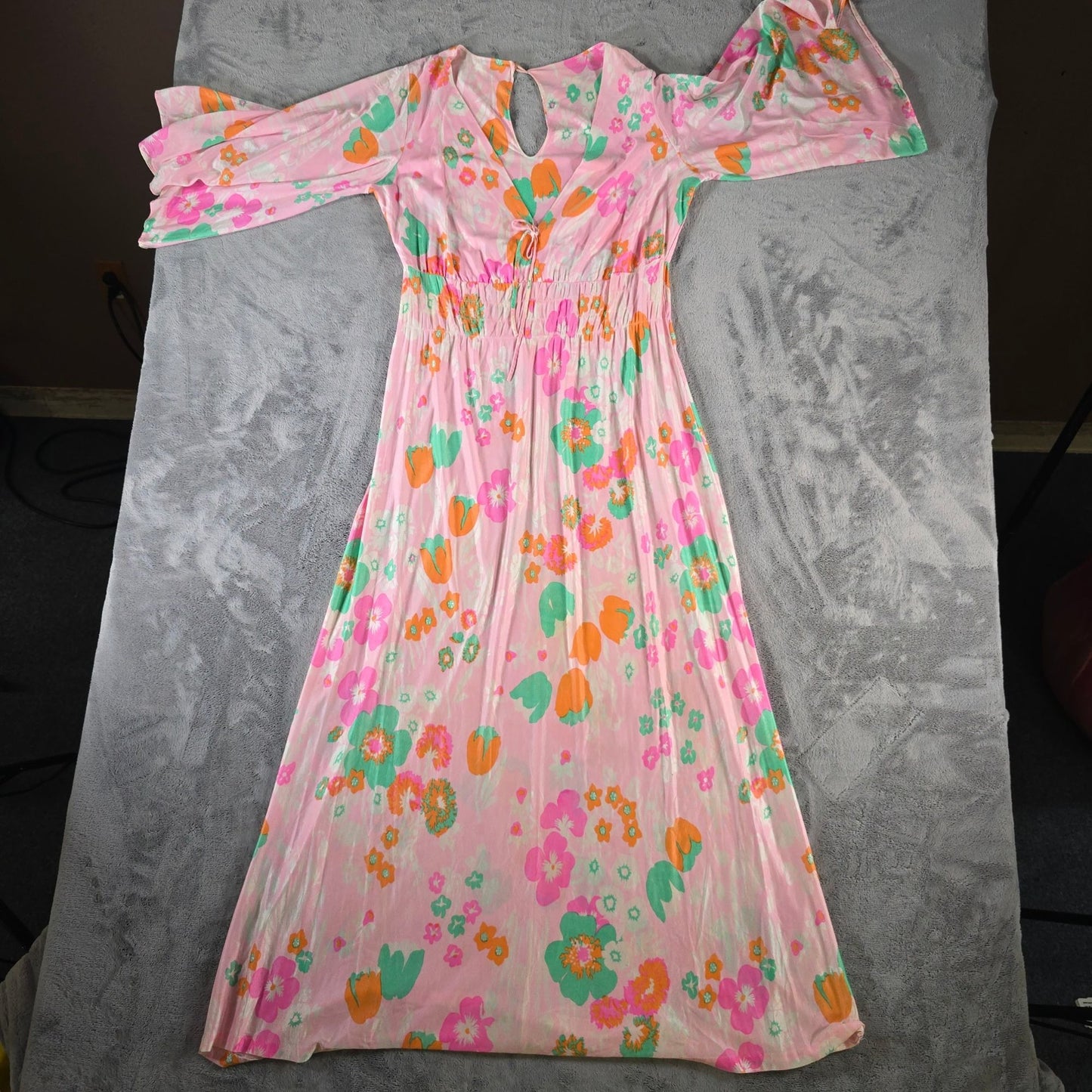 Vintage 1970s Pink Floral Angel Sleeve Empire Waist Maxi Dress Hostess Gown (L)