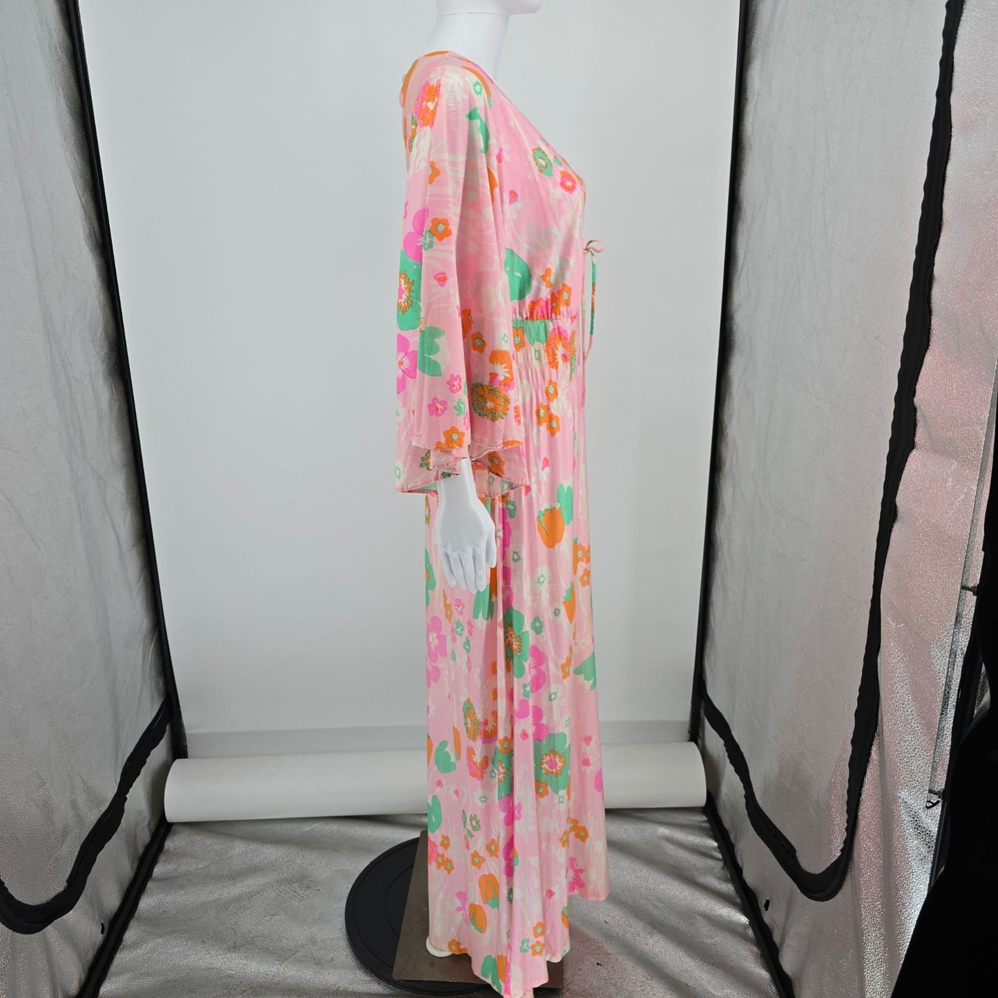 Vintage 1970s Pink Floral Angel Sleeve Empire Waist Maxi Dress Hostess Gown (L)