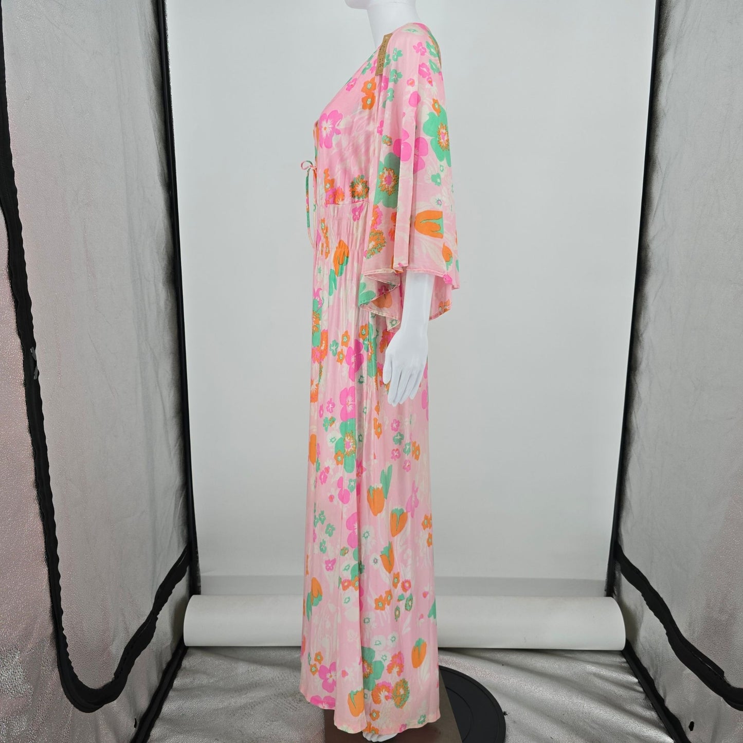 Vintage 1970s Pink Floral Angel Sleeve Empire Waist Maxi Dress Hostess Gown (L)