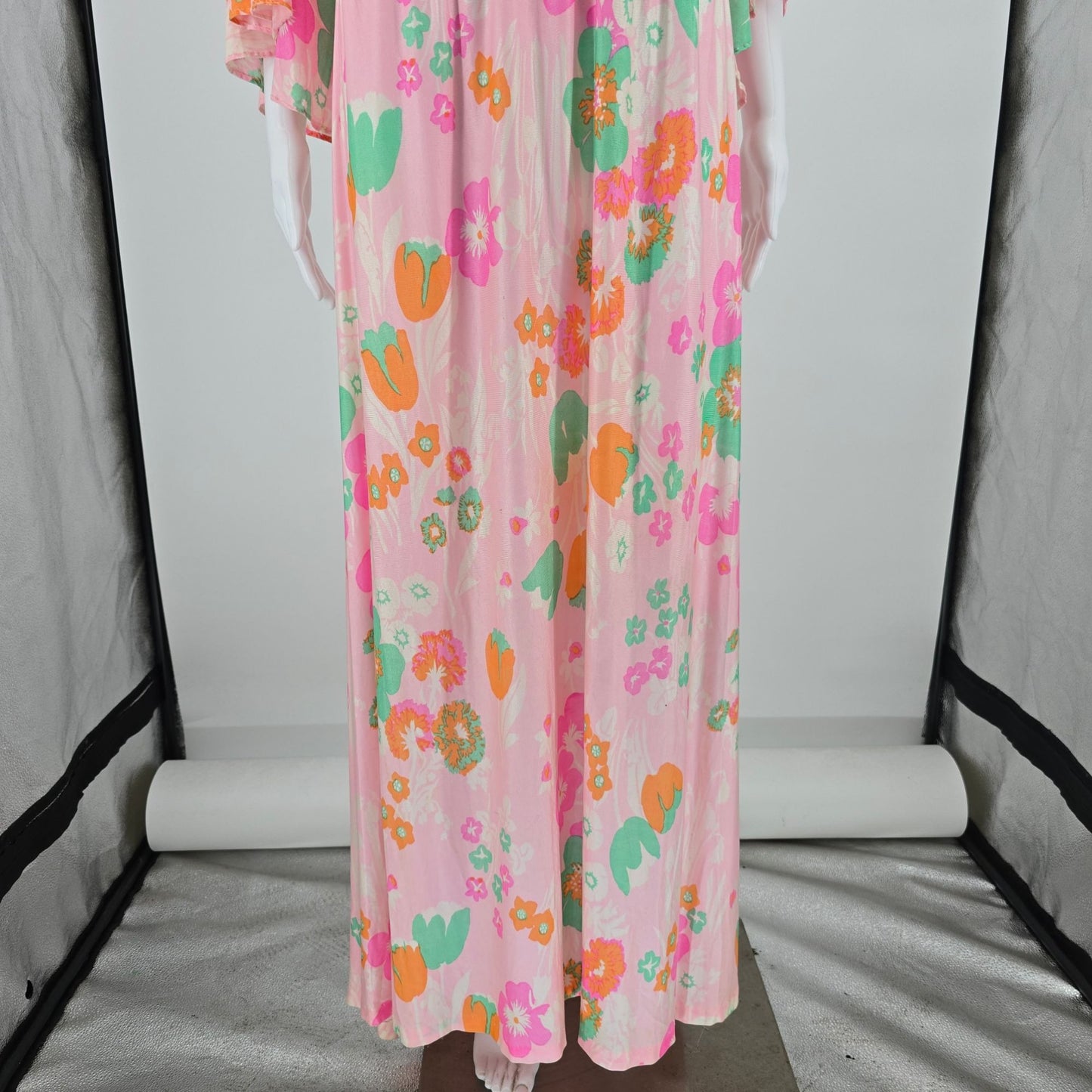 Vintage 1970s Pink Floral Angel Sleeve Empire Waist Maxi Dress Hostess Gown (L)