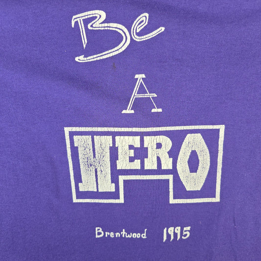 Vintage 1995 Hanes Purple DIY Cropped "Be A Hero" Brentwood T-Shirt (L)