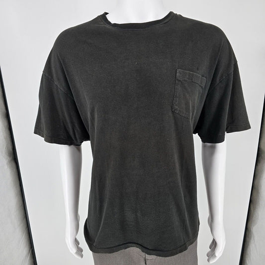 Vintage Single Stitch 90s/Y2K Hanes Blank Black Crewneck Pocket T-Shirt (2XL)