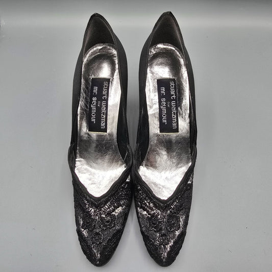 Vintage 1980s Stuart Weitzman for Mr. Seymour Black Lace & Satin Pumps (7.5AA)