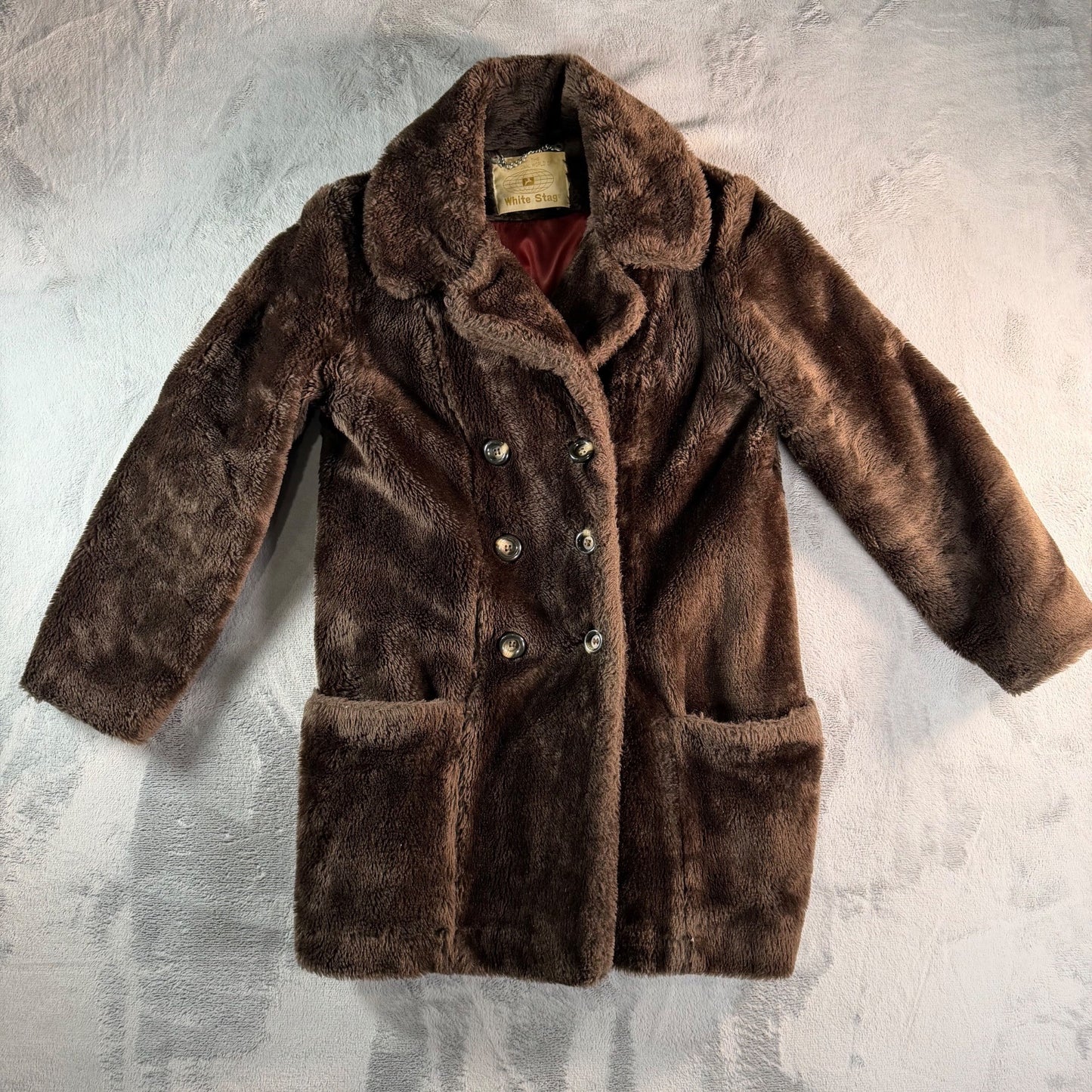 Vintage 1960s Women's Brown Faux Fur Teddy Bear Double-Breasted Coat (M)