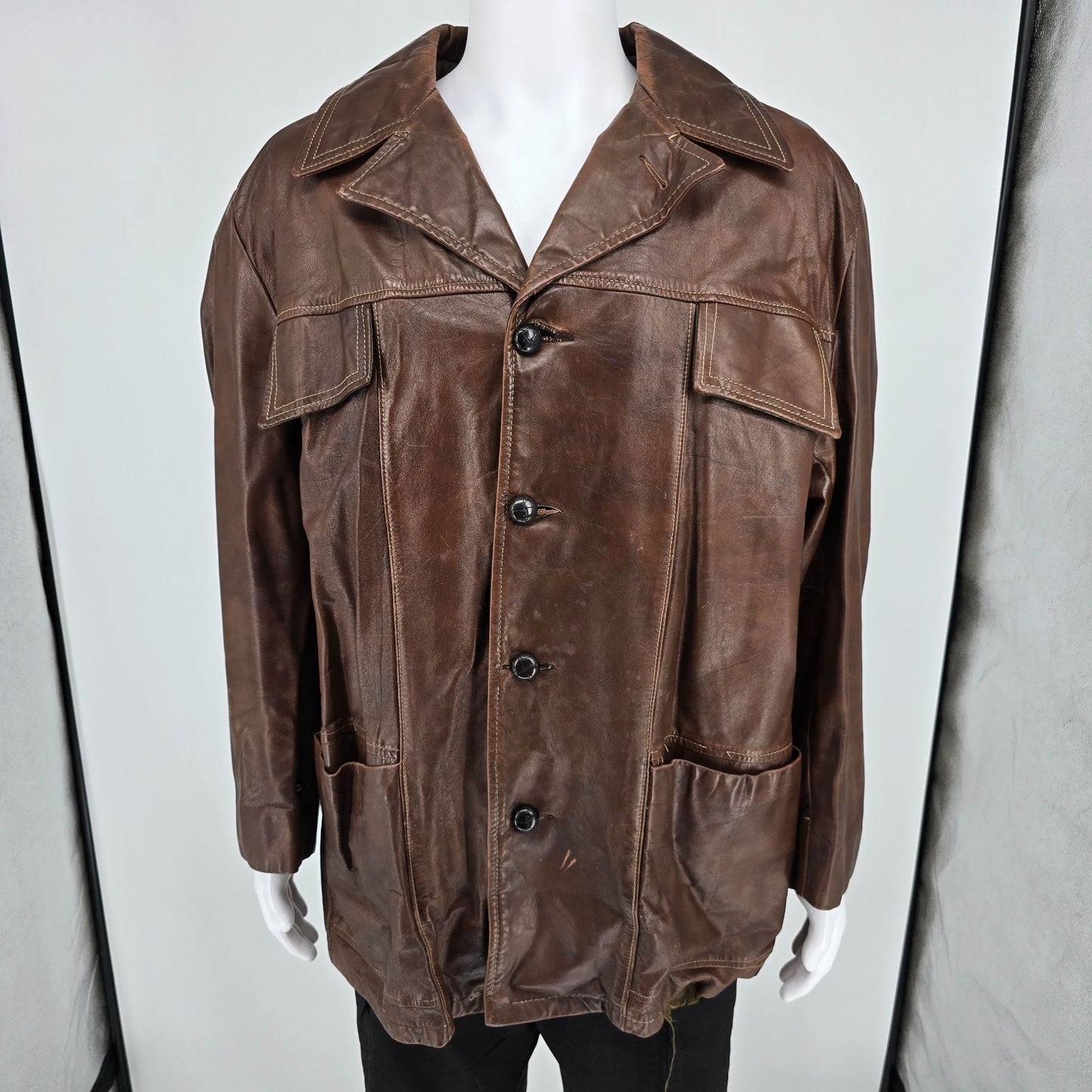 Vintage 1970s di Firenze for David Allan Brown Leather Car Coat (XL) *Flaw