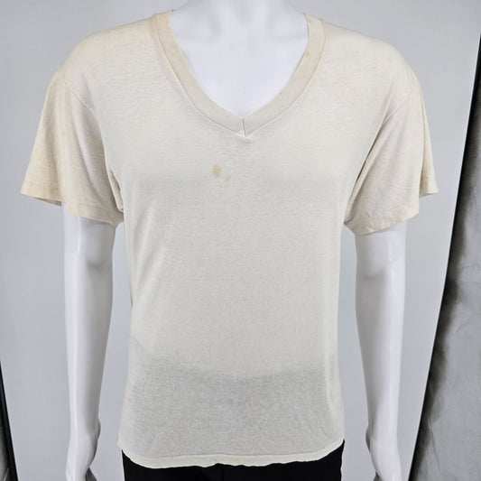 Distressed Vintage 1990s Hanes V-Neck Single Stitch Thin Blank T-Shirt (L)