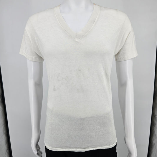 Distressed Vintage Early 1990s Hanes V-Neck Blank White Cotton T-Shirt (S)