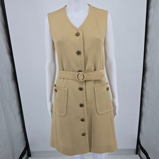 Vintage 1970s Act III Tan Dacron Polyester Belted Sleeveless Safari Dress (M)