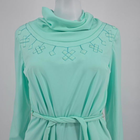 Vintage 1970s Beter Half Seafoam Green Cowl Neck Belted Mini Dress (S/M)