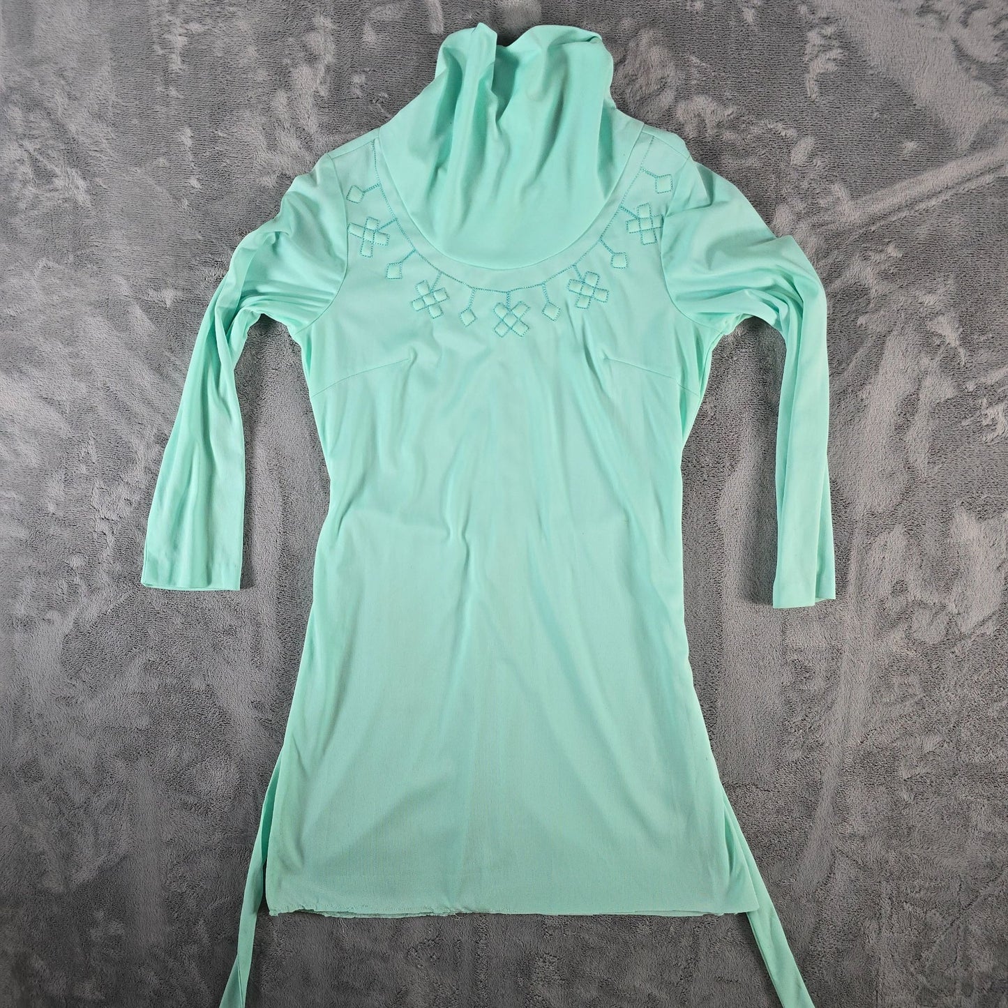 Vintage 1970s Beter Half Seafoam Green Cowl Neck Belted Mini Dress (S/M)