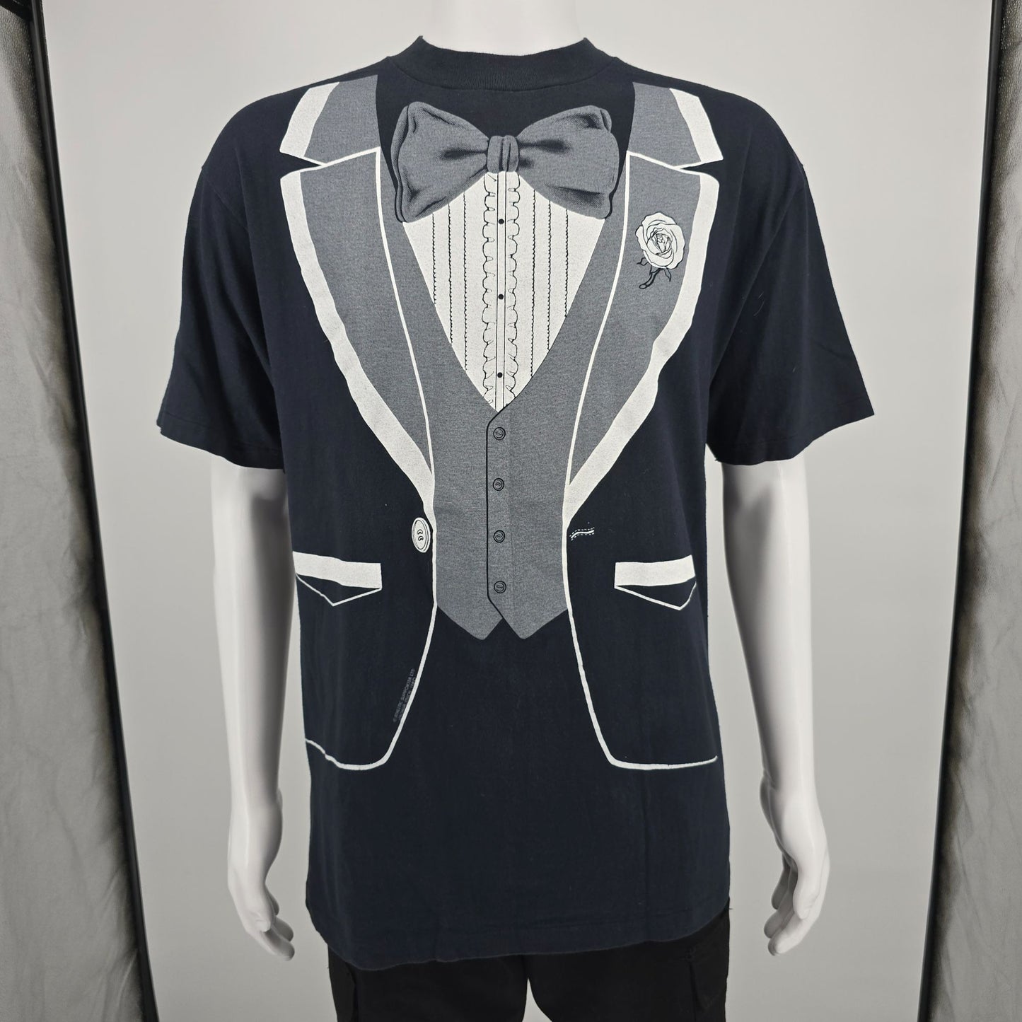 Vintage 1980s Hanes Beefy-T/Athletic Supporter LTD Tuxedo Print T-Shirt (L)