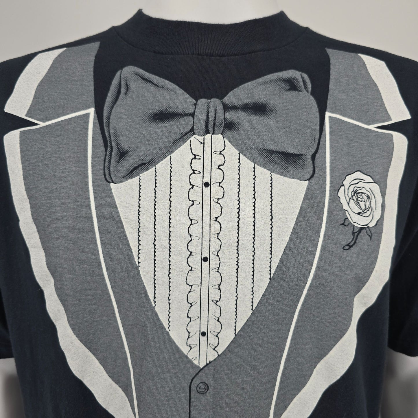 Vintage 1980s Hanes Beefy-T/Athletic Supporter LTD Tuxedo Print T-Shirt (L)