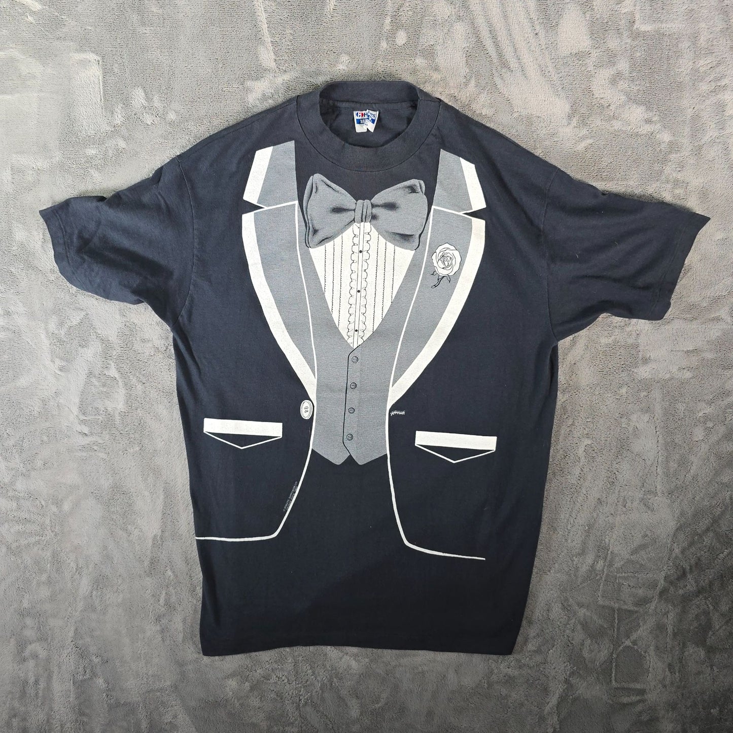 Vintage 1980s Hanes Beefy-T/Athletic Supporter LTD Tuxedo Print T-Shirt (L)