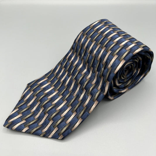 Savile Row Made in USA 100% Silk Blue & Brown Geometric Pattern Wide Silk Tie
