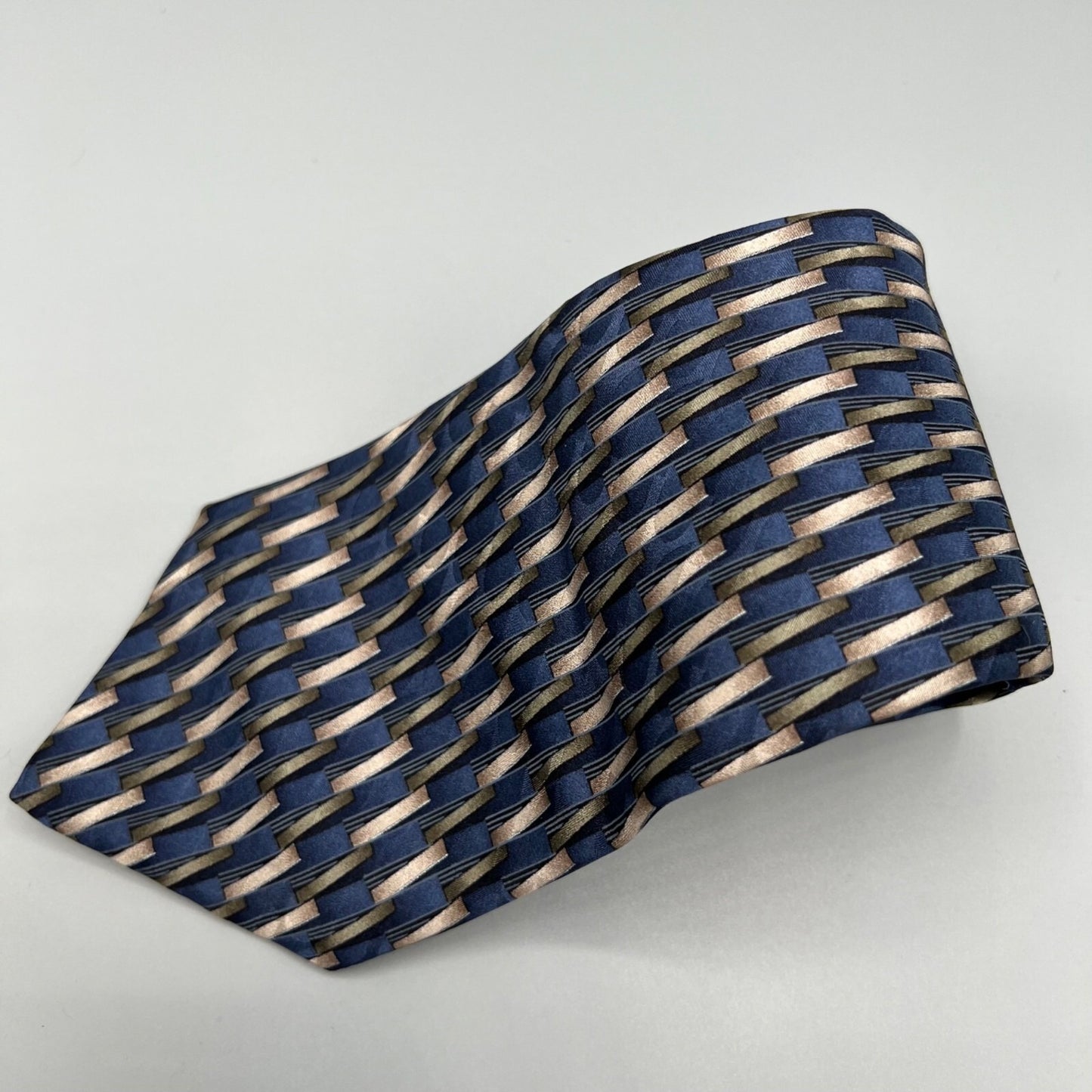 Savile Row Made in USA 100% Silk Blue & Brown Geometric Pattern Wide Silk Tie