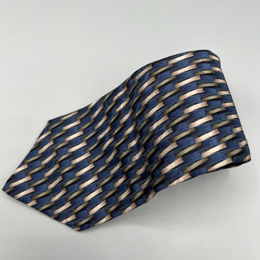 Savile Row Made in USA 100% Silk Blue & Brown Geometric Pattern Wide Silk Tie