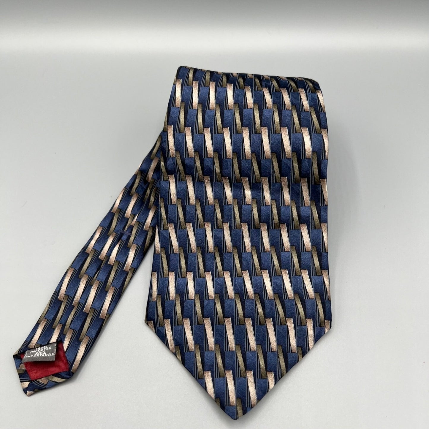 Savile Row Made in USA 100% Silk Blue & Brown Geometric Pattern Wide Silk Tie