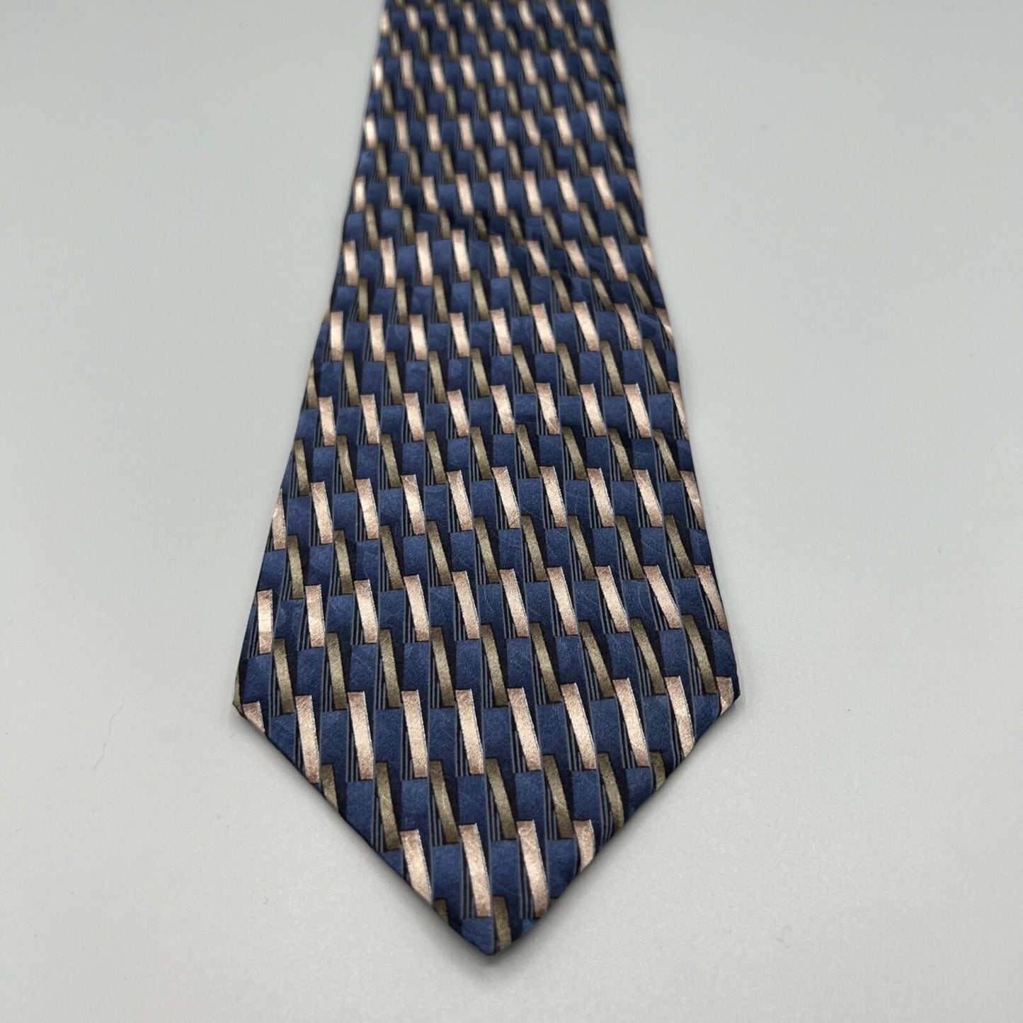 Savile Row Made in USA 100% Silk Blue & Brown Geometric Pattern Wide Silk Tie