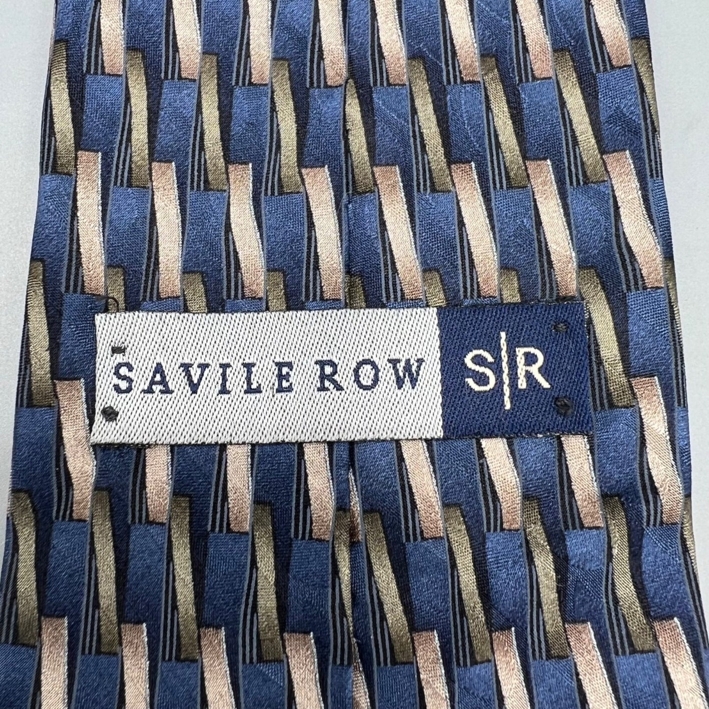 Savile Row Made in USA 100% Silk Blue & Brown Geometric Pattern Wide Silk Tie