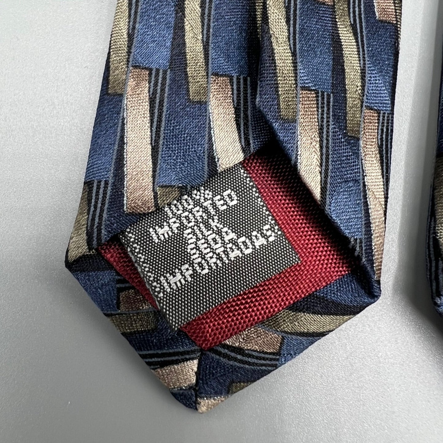 Savile Row Made in USA 100% Silk Blue & Brown Geometric Pattern Wide Silk Tie