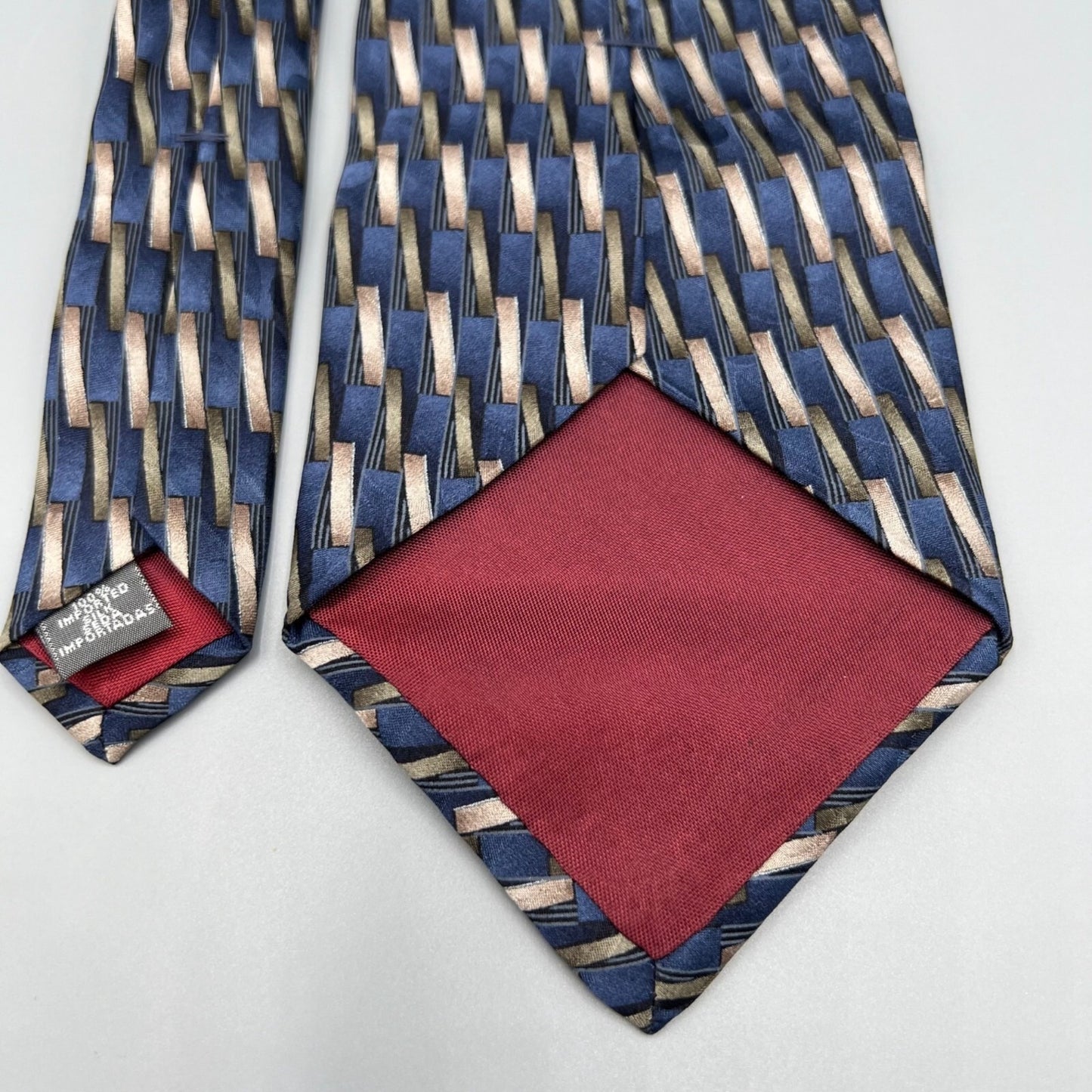 Savile Row Made in USA 100% Silk Blue & Brown Geometric Pattern Wide Silk Tie