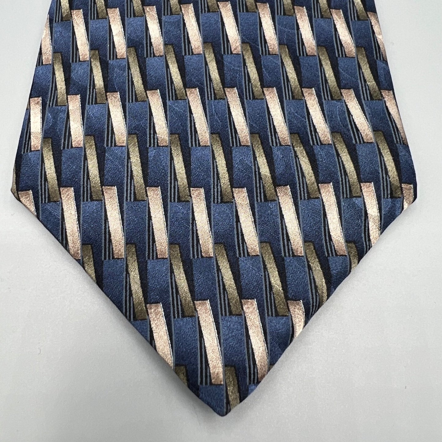 Savile Row Made in USA 100% Silk Blue & Brown Geometric Pattern Wide Silk Tie