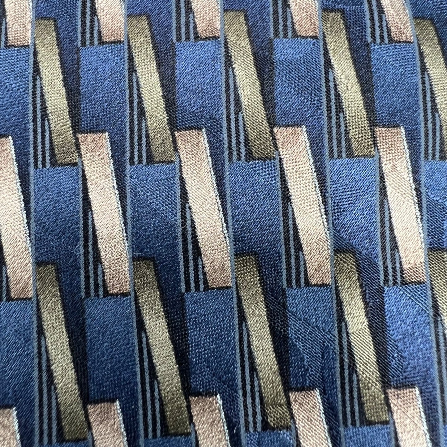 Savile Row Made in USA 100% Silk Blue & Brown Geometric Pattern Wide Silk Tie