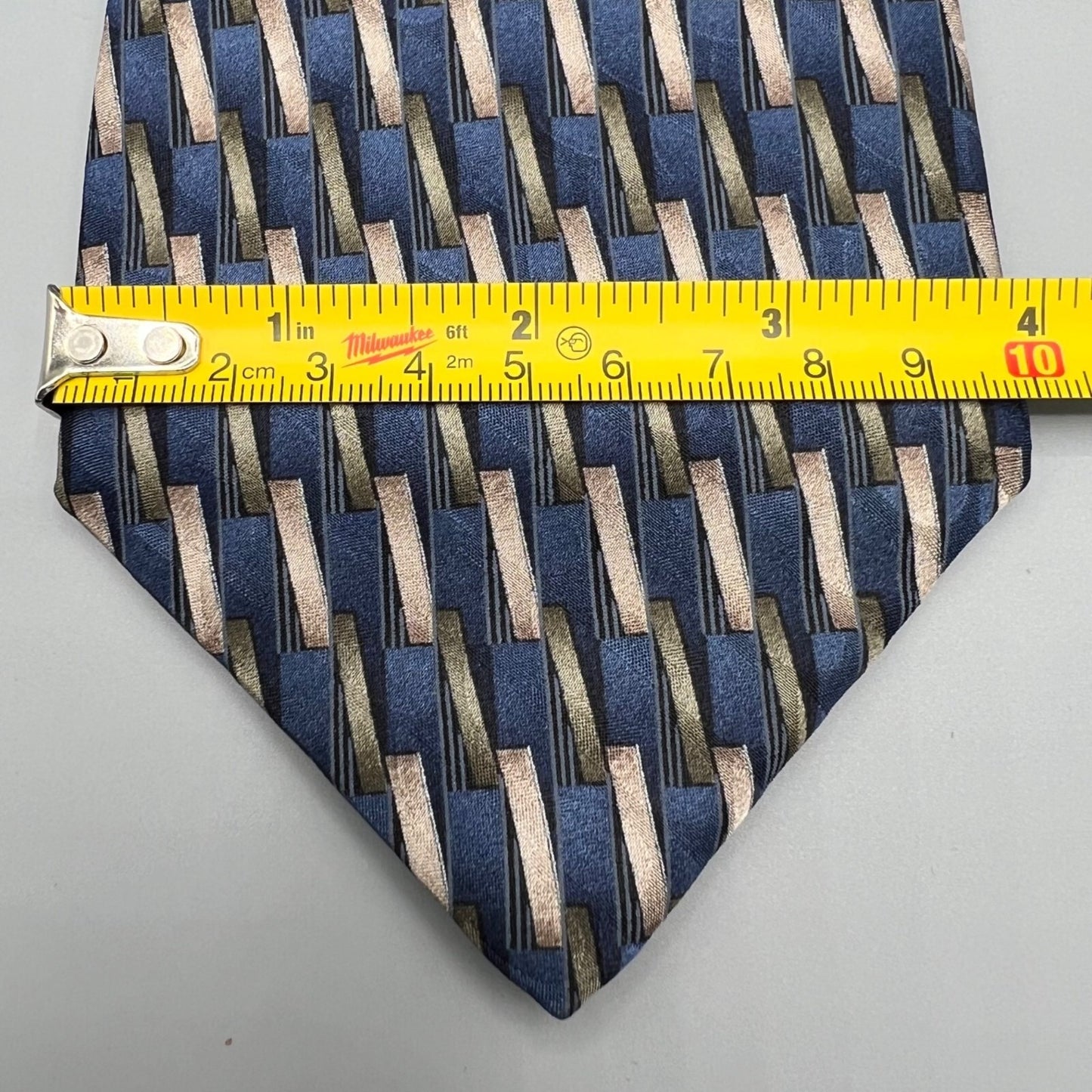 Savile Row Made in USA 100% Silk Blue & Brown Geometric Pattern Wide Silk Tie