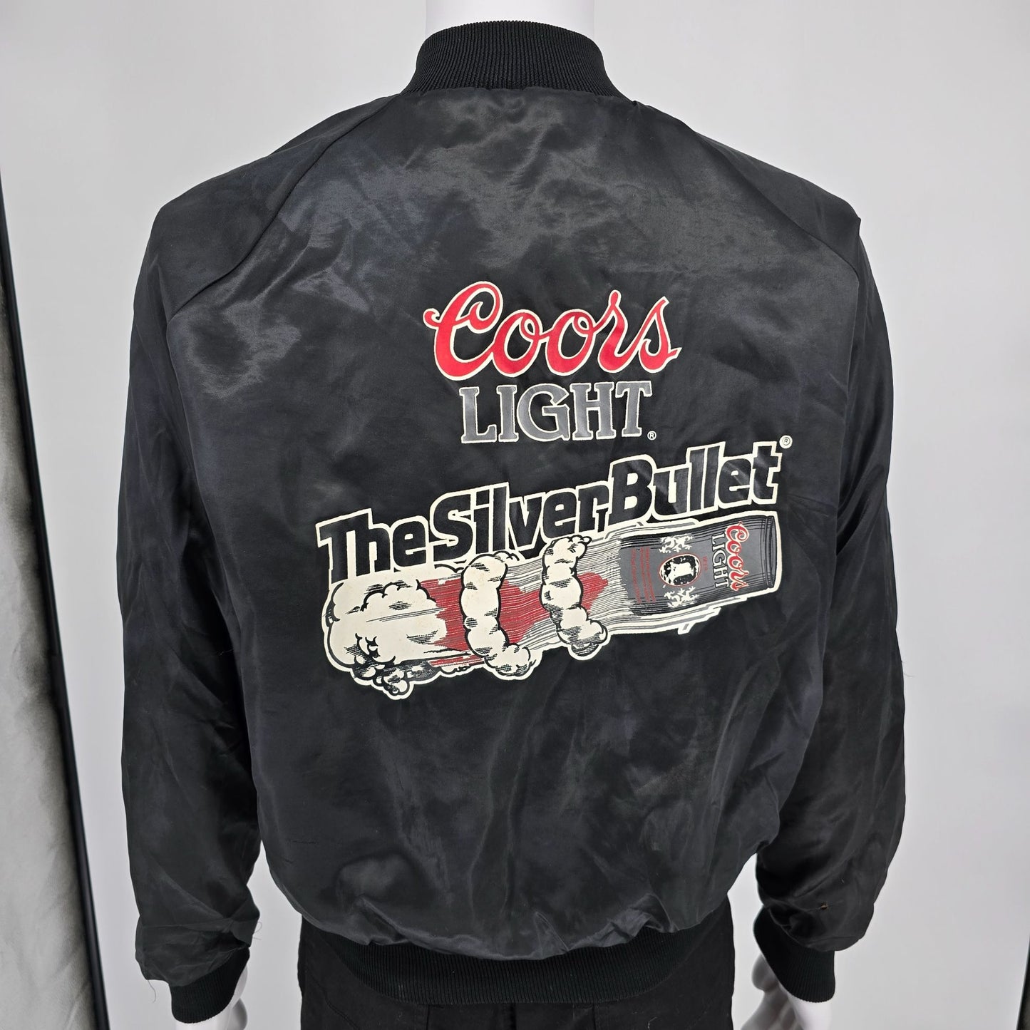 Vintage 1990s Egads Coors Light "The Silver Bullet" Nylon Satin Jacket (M)