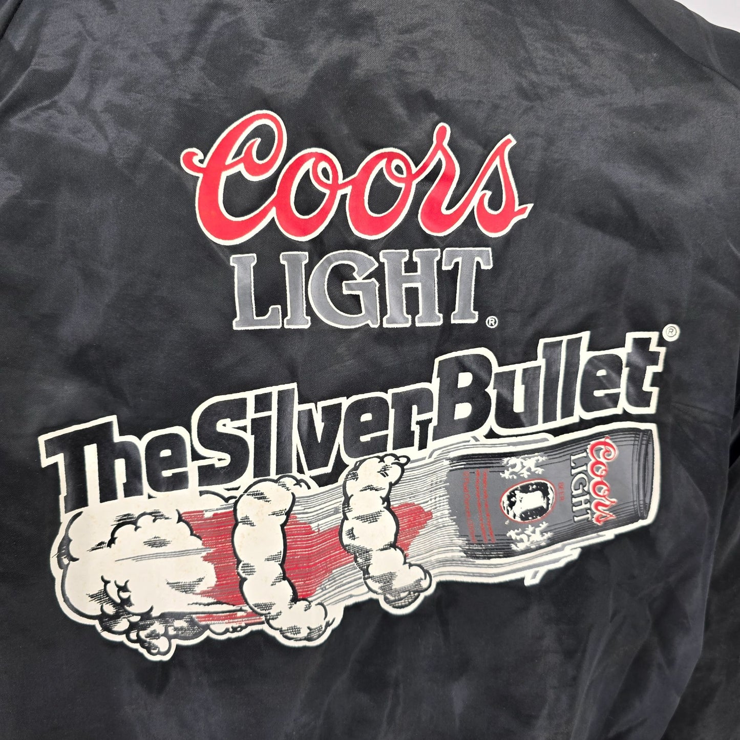Vintage 1990s Egads Coors Light "The Silver Bullet" Nylon Satin Jacket (M)
