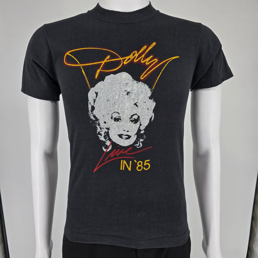 Vintage 1980s Screen Stars Dolly Parton Live in '85 Black Concert T-Shirt (XS/S)