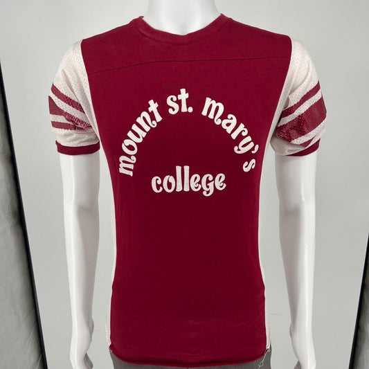 Vintage 1980s Red Mount St. Mary's College Football Jersey Mesh T-Shirt (Small)