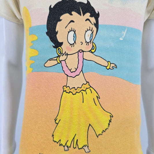 Distressed Vintage 1980s Betty Boop Hula Dancing Beach Scene T-Shirt (Women's L)