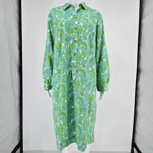 Vintage Early 1970s Boho Green/Blue Paisley Long Shirtdress/House Dress (XL)