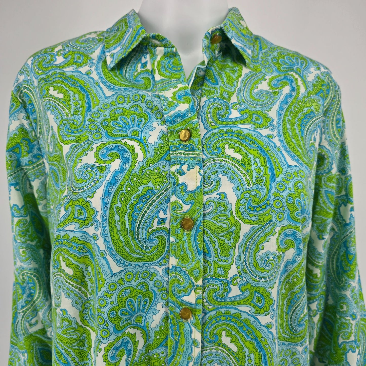 Vintage Early 1970s Boho Green/Blue Paisley Long Shirtdress/House Dress (XL)