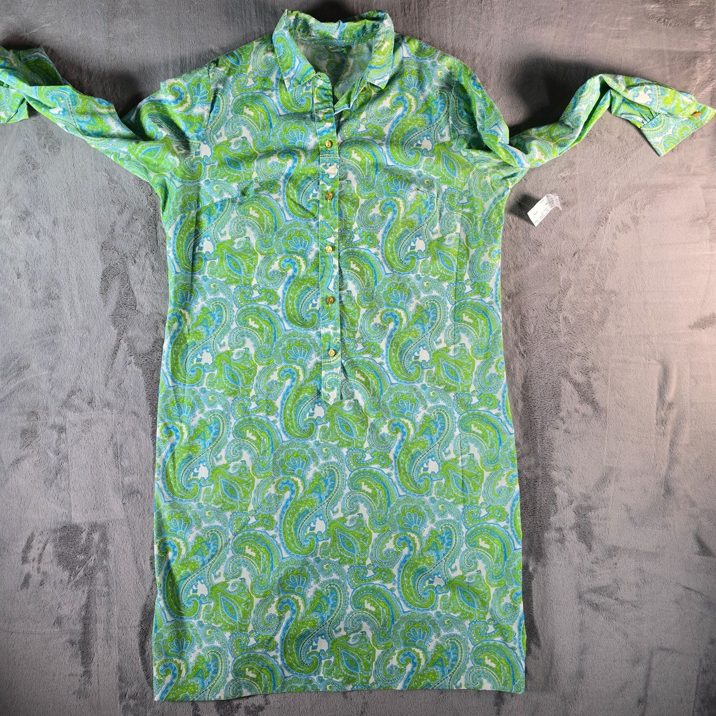 Vintage Early 1970s Boho Green/Blue Paisley Long Shirtdress/House Dress (XL)