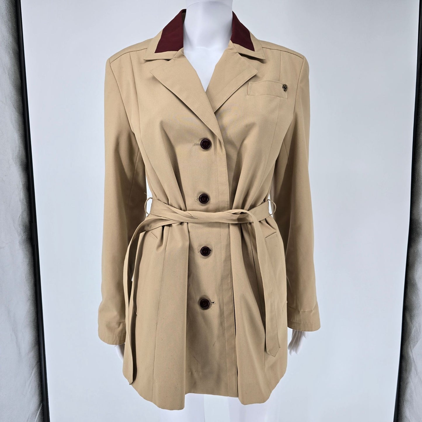 Vintage 1970s Etienne Aigner Women's Tan/Burgundy Belted Trench Coat Jacket (M)
