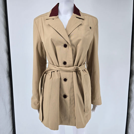 Vintage 1970s Etienne Aigner Women's Tan/Burgundy Belted Trench Coat Jacket (M)