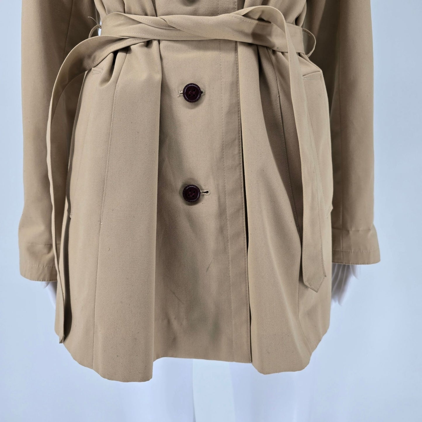 Vintage 1970s Etienne Aigner Women's Tan/Burgundy Belted Trench Coat Jacket (M)