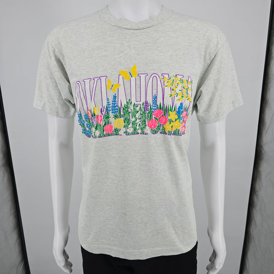 Vintage 1990s Fruit of the Loom Oklahoma Floral Butterfly Souvenir T-Shirt (M/L)