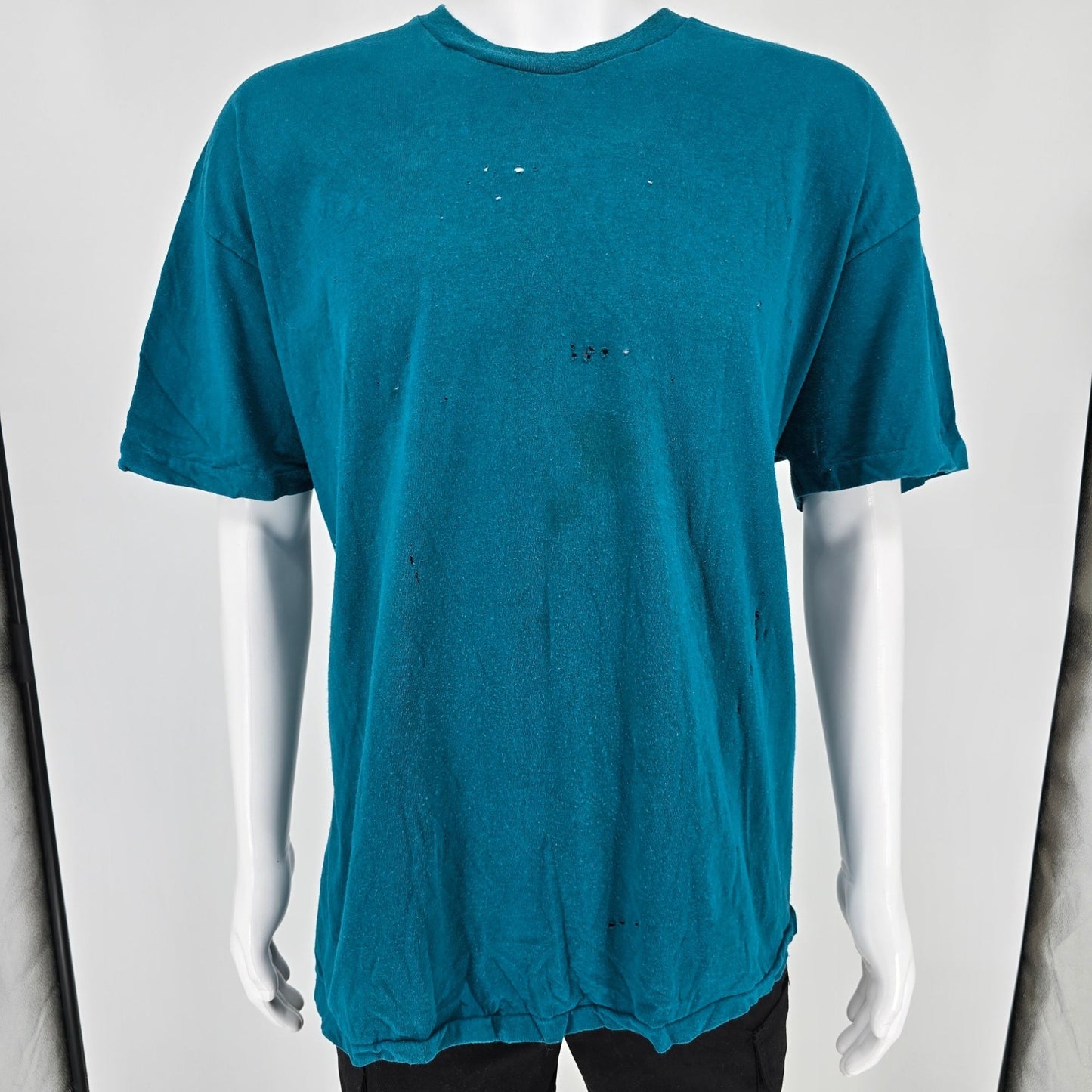 Distressed Vintage Late 1990s Hanes Blank Teal Single Stitch T-Shirt (XL)