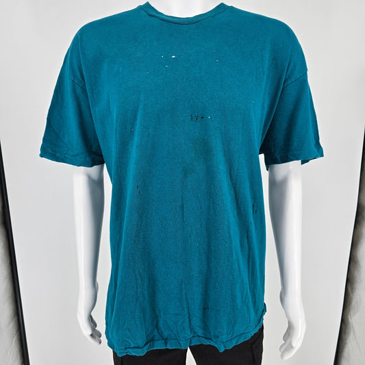 Distressed Vintage Late 1990s Hanes Blank Teal Single Stitch T-Shirt (XL)