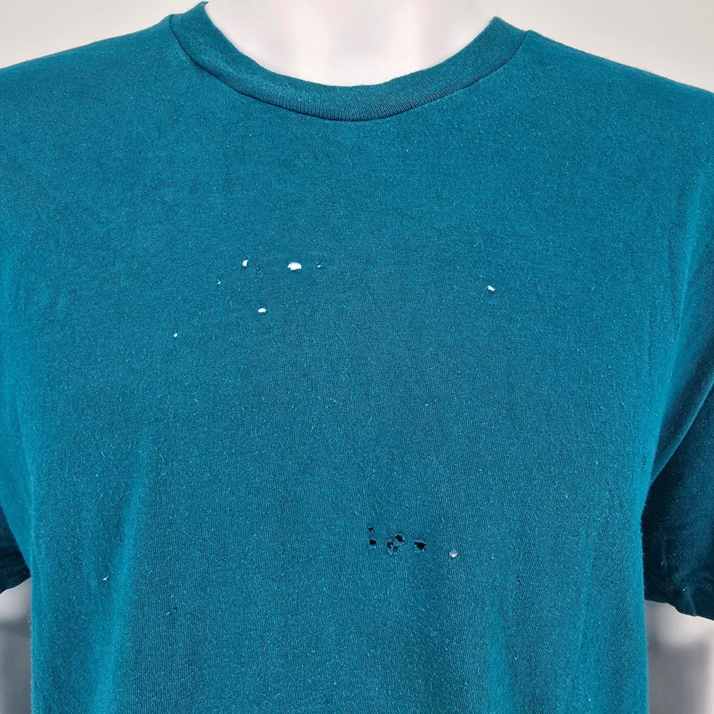Distressed Vintage Late 1990s Hanes Blank Teal Single Stitch T-Shirt (XL)